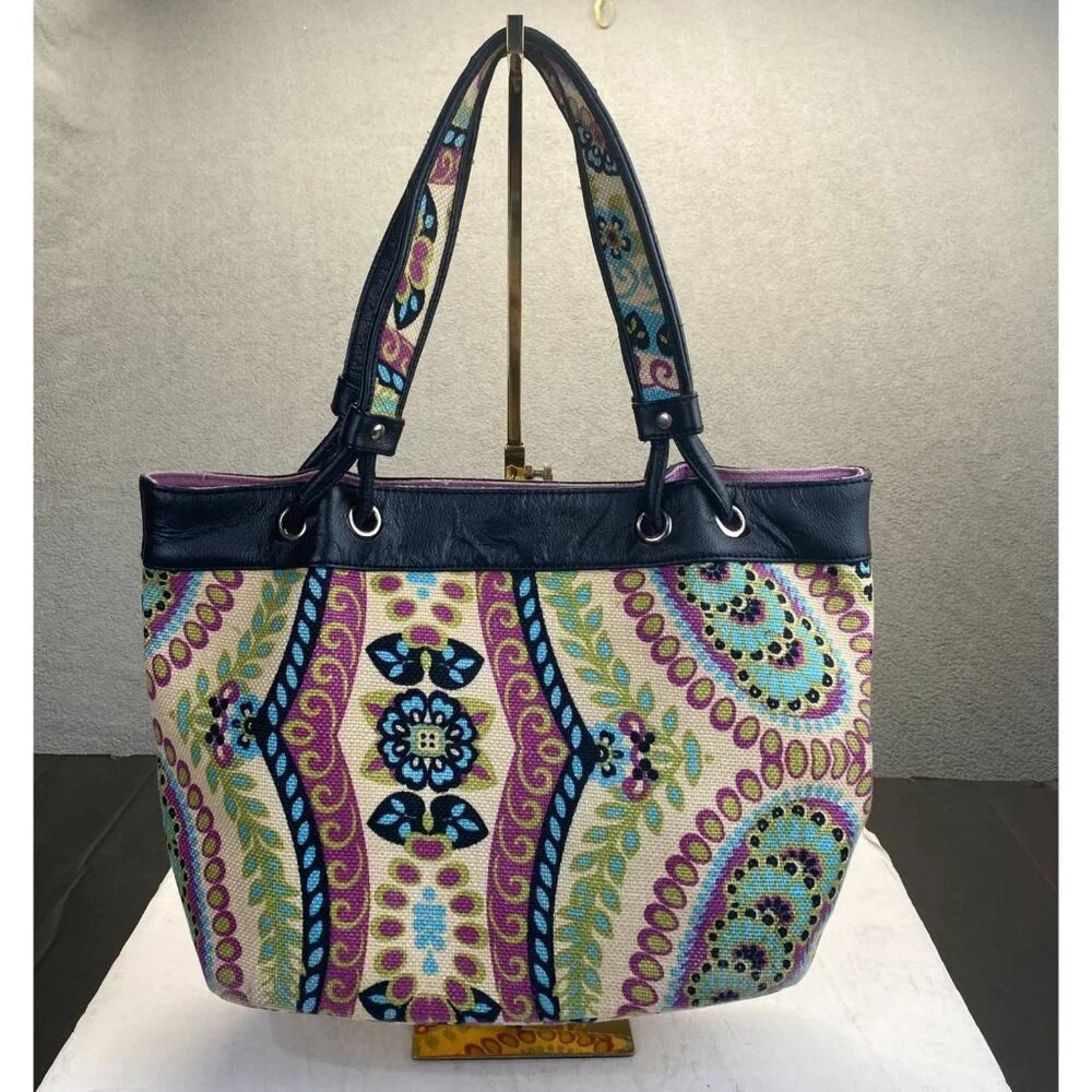 Spartina 449 Floral Multicolor Linen‎ Fabric with Black Leather Trim Tote Bag